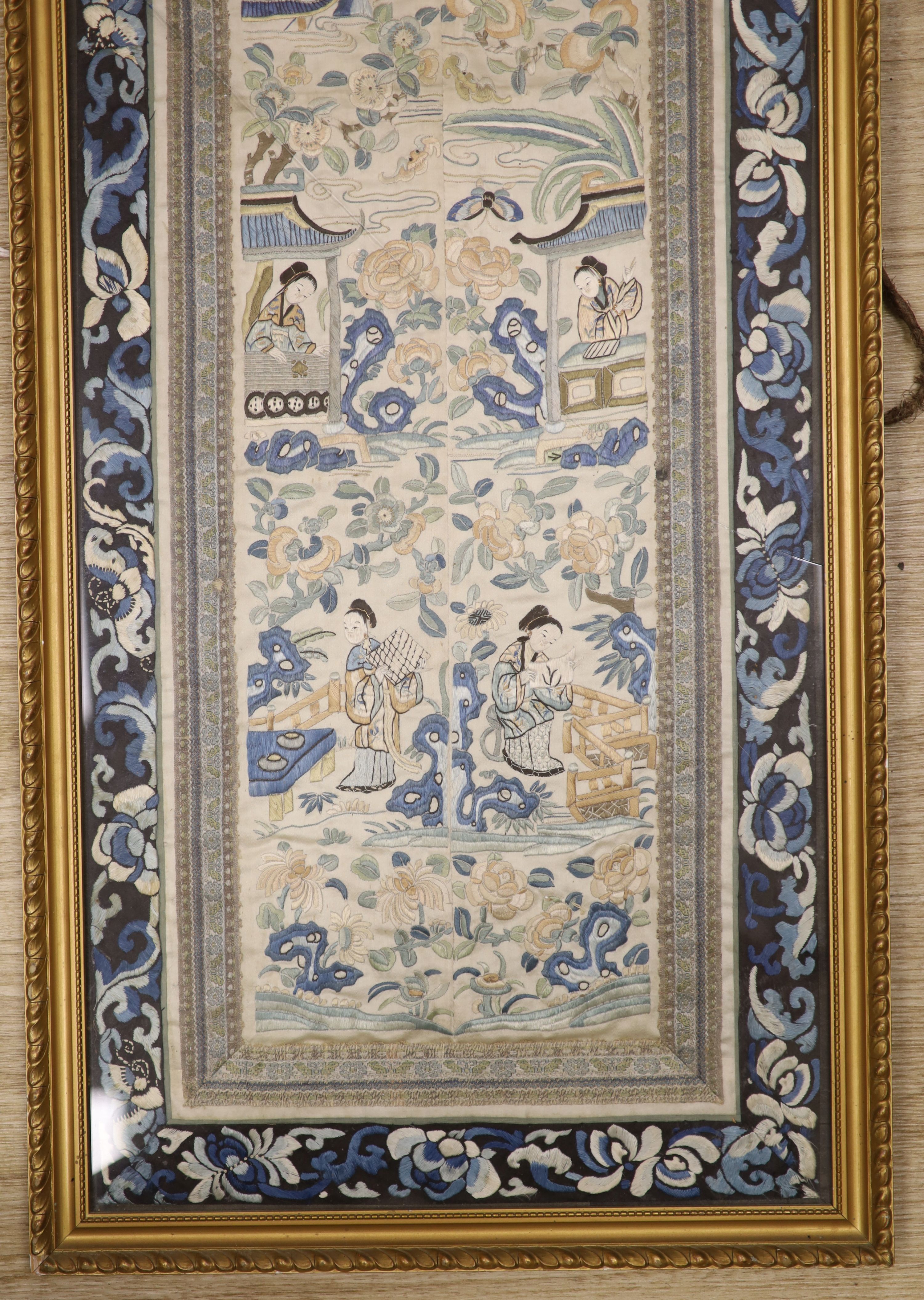Two framed Chinese late Qing embroidered silk panels 71 x 39cm & 62 x 32cm
